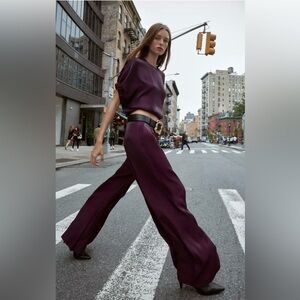 ZARA SATIN WIDE LEG BELTED PANTS